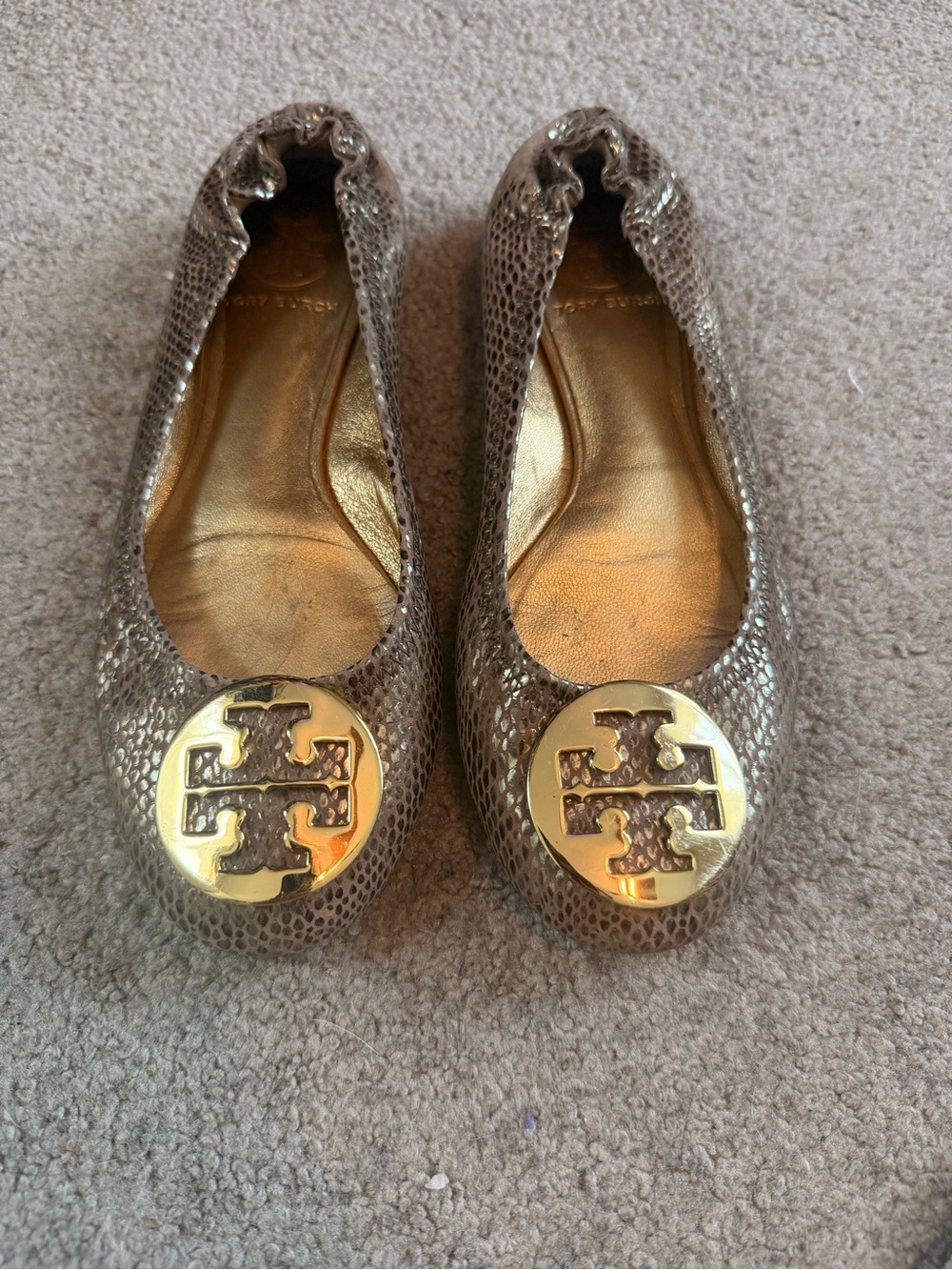 Tory Burch Metallic Taupe Snakeskin-Textured Logo Flats
